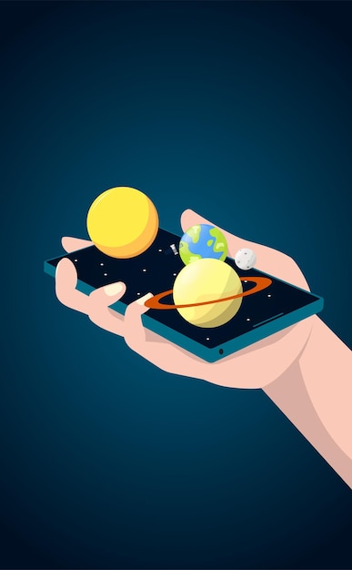 Hands hold smart phone with 3D Outer space on the screen