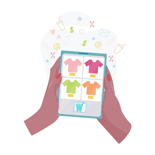 Hands hold a tablet with an open page of the online store Concepts of internet technology and online shopping Woman holds a tablet in her hand and makes a purchase Vector illustration