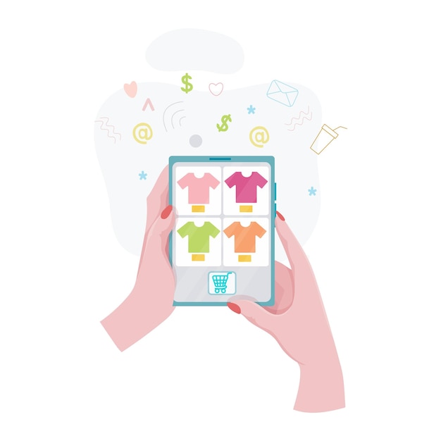 Hands hold a tablet with an open page of the online store Concepts of internet technology and online shopping Woman holds a tablet in her hand and makes a purchase Vector illustration