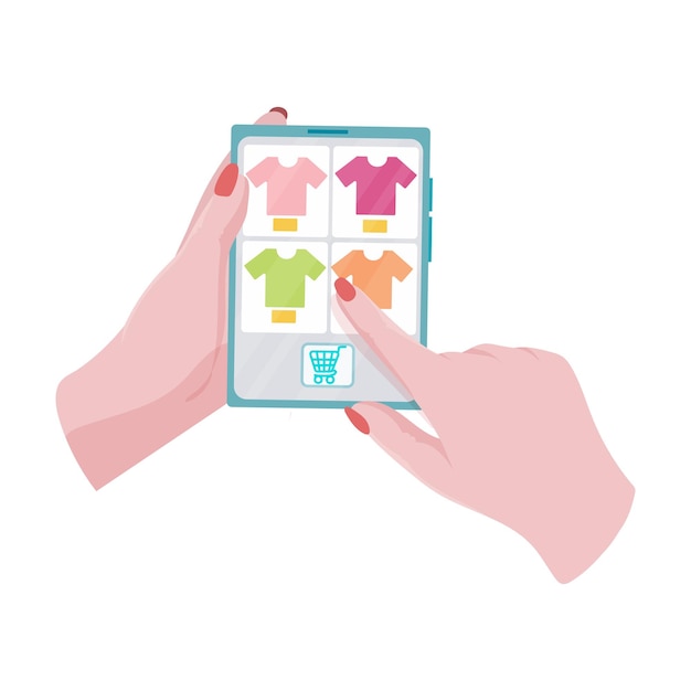 Hands hold a tablet with an open page of the online store Concepts of internet technology and online shopping Woman holds a tablet in her hand and makes a purchase Vector illustration