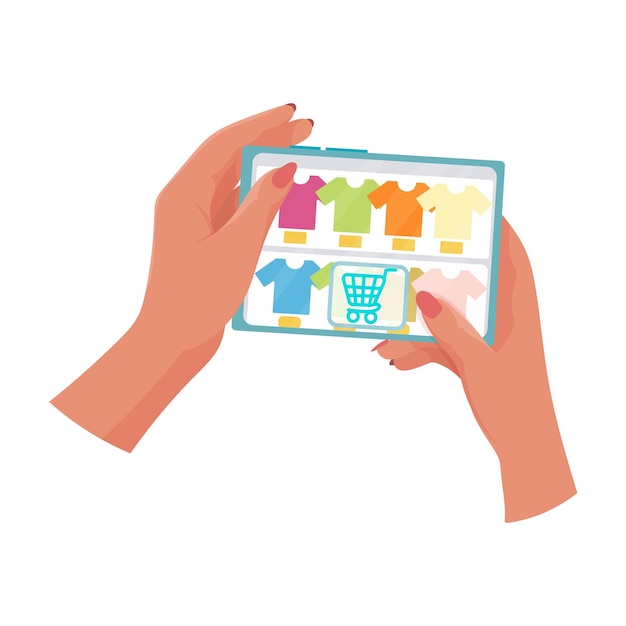 Hands hold a tablet with an open page of the online store Concepts of internet technology and online shopping Woman holds a tablet in her hand and makes a purchase Vector illustration