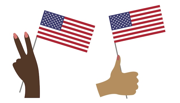 Hands holding america flag peace sign hands set dark and light skin