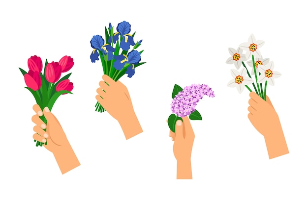 Hands holding bouquets.