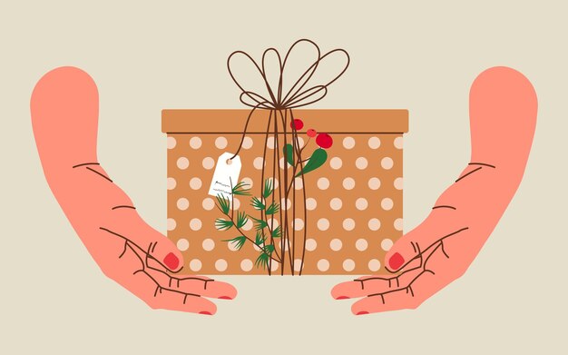 Vector hands holding christmas gift in kraft paper with tag and berries. present box in craft wrapping