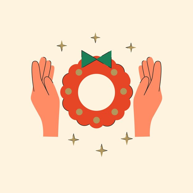 Hands holding christmas wreath Vector isolated illustration Trendy design flat style Cartoon style