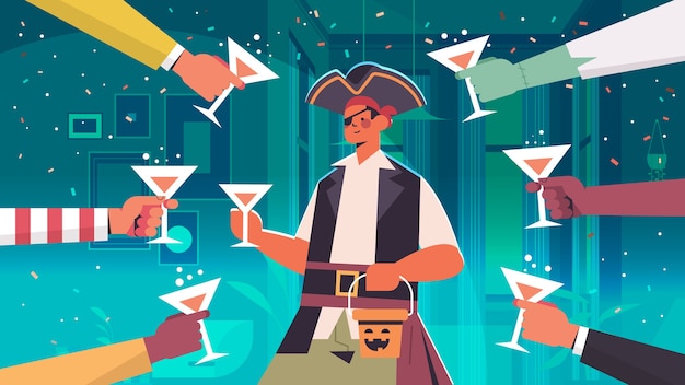 hands holding cocktails around man in pirate costume happy halloween holiday celebration bar party concept portrait horizontal vector illustration