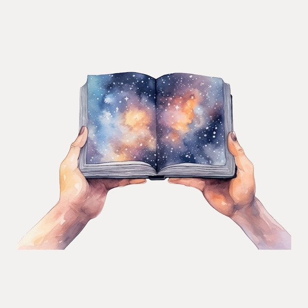 Vector hands holding cosmic book illustration