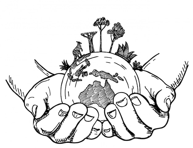 Vector hands holding earth globe. earth in human hands  on a white background, sketch style  illustration. animals and plants of australia on the globe, protection of rare animals.