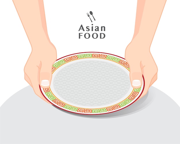 Hands holding empty plate over a table, isolated vector illustration