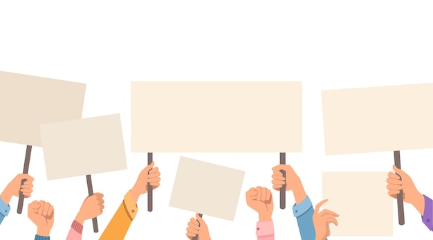 Hands holding empty protest sign, placard template flat vector illustration on white background