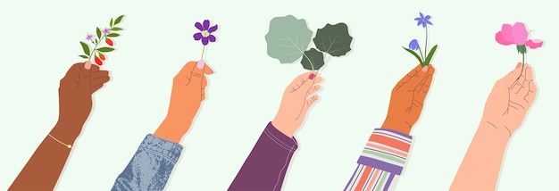 Hands holding flowers and branches illustration set.