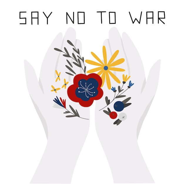 Hands holding a flowers in the colors of the flags of Ukraine and Russia Say no to war