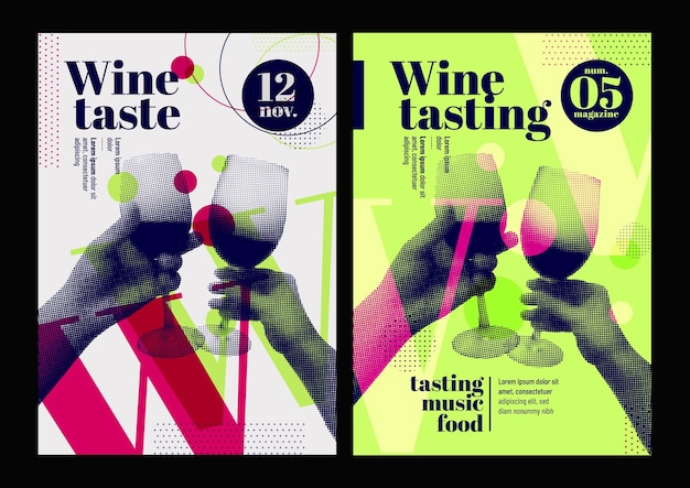 Vector hands holding glass of wine and toasting retro style halftone effect template for event poster magazine cover or promotion