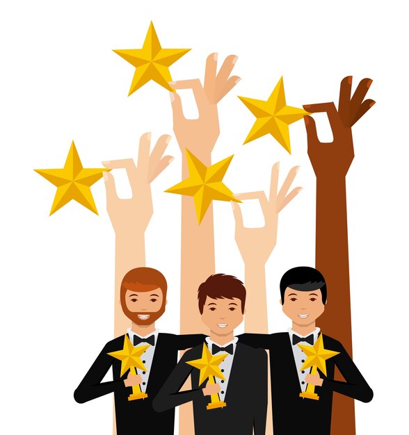 Vector hands holding a golden stars and group of actors 