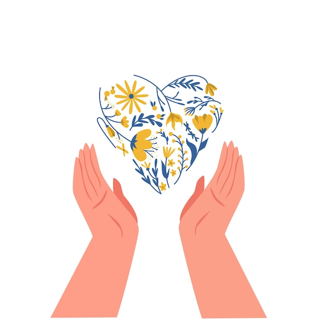 Hands holding heart in the colors of the Ukrainian flag Vector illustration Support for Ukraine