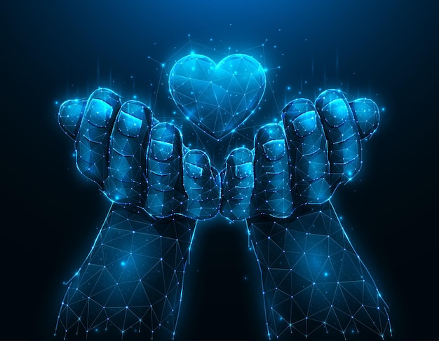 Hands holding heart symbol polygonal illustration on dark blue background. Love or charity concept.