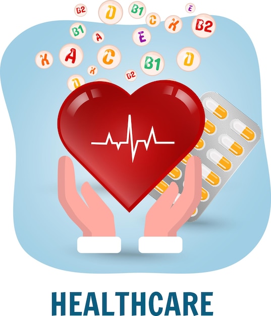 Hands holding heart and vitamins behind in vector illustration