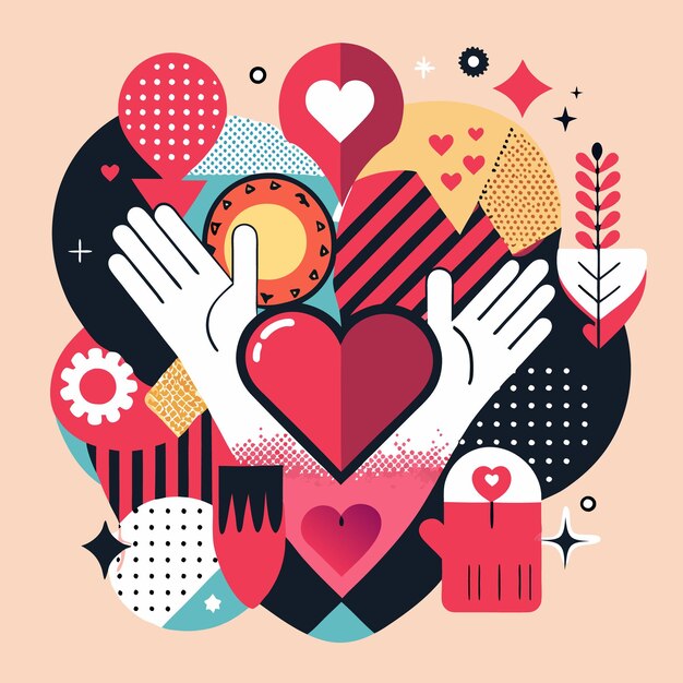 Vector hands holding a heart with geometric patterns and love symbols