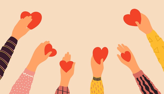 Hands holding hearts Cartoon red symbol of love in arms Charity and donation concept Volunteers giving support to needy Agitation banner with copy space Vector philanthropy event