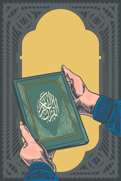 Hands holding Holy book of Quran for Ramadan Mubarak hand drawn sketch vector illustration