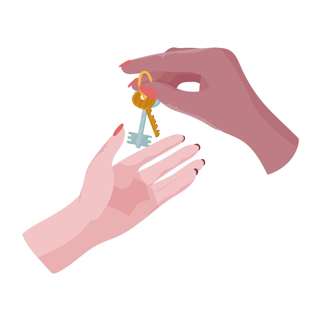 Hands holding house keys The concept of buying or renting a home Keys to the apartment Vector illustration