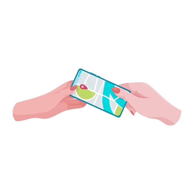 Hands holding a phone or tablet Phone with map and marker Mobile gps navigation and path tracking concept The woman is holding a phone in her hand Vector illustration