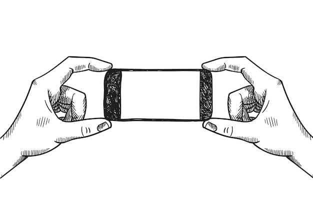 Hands holding phone vector graphic illustration. Making picture, selfie, presentation of product, advertising. Black and white