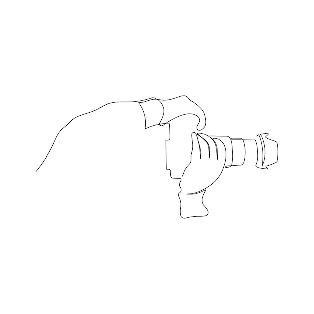 Hands holding photo camera, making pictures. One line vector. Professional photographer taking photo