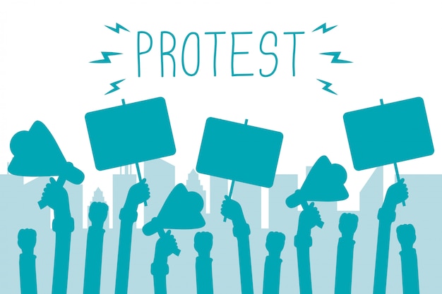 Hands holding protest banner and megaphones illustration