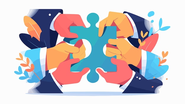 Vector hands holding puzzle piece teamwork metaphor in business concept