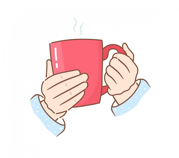 Hands holding a red mug with a hot drink.  illustration in flat style.