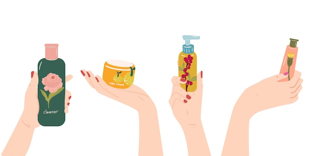 hands holding skin care - cosmetics products bottles - lotion, cream, serum