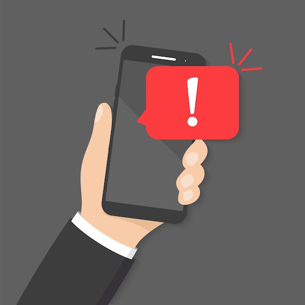 Hands holding smartphone with alert warning of spam data, insecure connection, virus, scam. Danger error alerts, smartphone virus problem or insecure messaging spam problems notifications on screen.