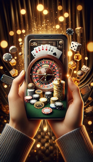 Hands holding smartphone with luxurious casino game screen