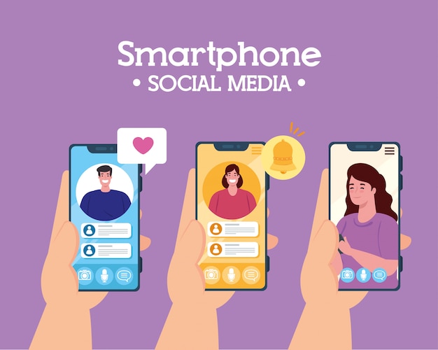 Hands holding smartphones in video call, social media concept