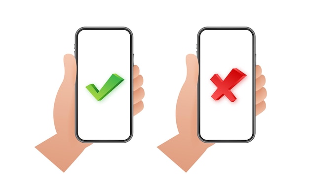 Hands holding smartphones with checkmarks set Tick and cross check marks