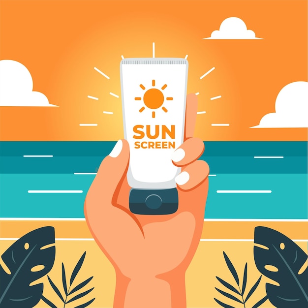 Hands holding sunscreen with spf uv protection at the summer beach background