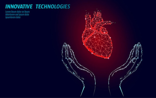 Hands holding support human heart medicine cardiology health help man concept low poly connected