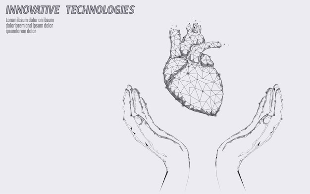 Vector hands holding support human heart medicine cardiology health help man concept low poly connected