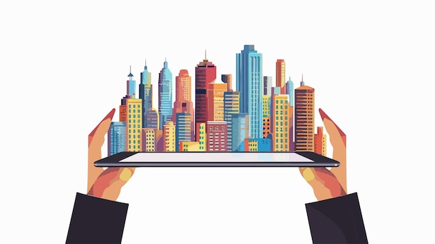 Vector hands holding a tablet with a city in the background