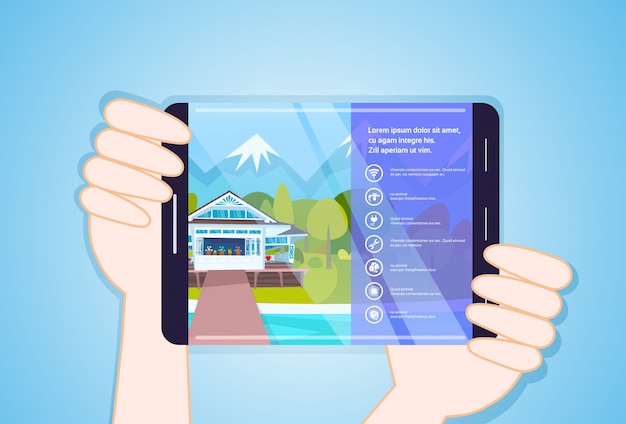 Vector hands holding tablet with housing app