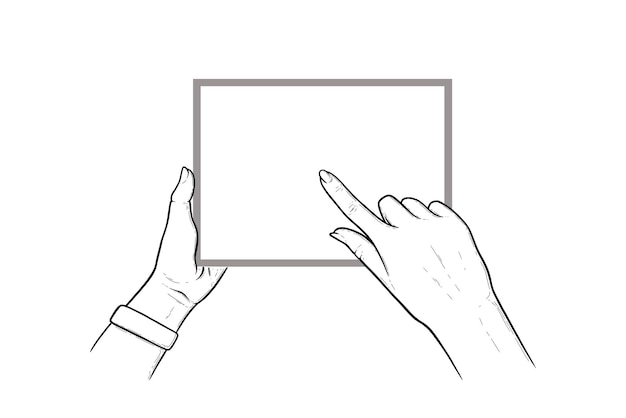 Hands holding tablet with index finger sliding in touchscreen Horizontal tablet in hands of a human