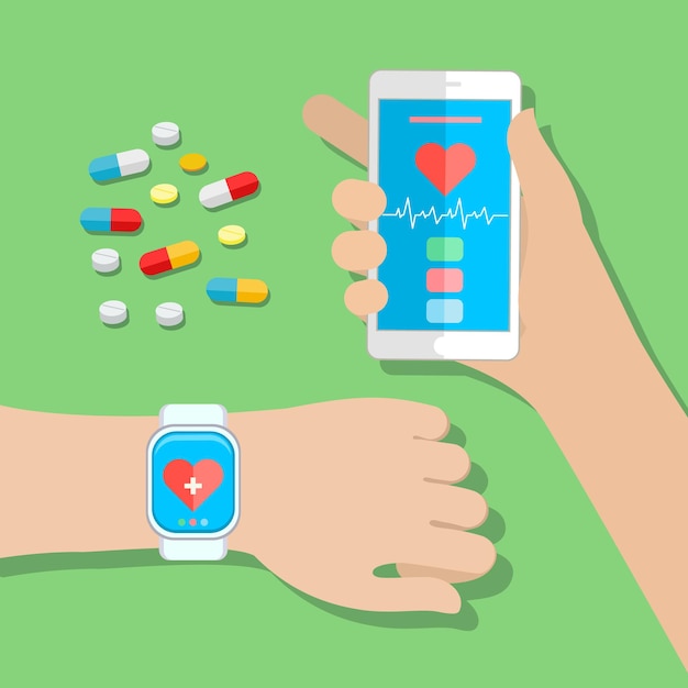 Hands holding touch phone and smart watch with mobile app health sensor. Flat design vector illustration