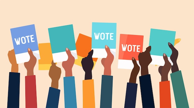 Vector hands holding vote placards democracy design flat vector