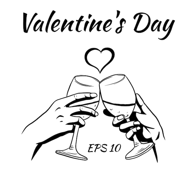 Vector hands of lovers with glasses of wine. valentine's day card.