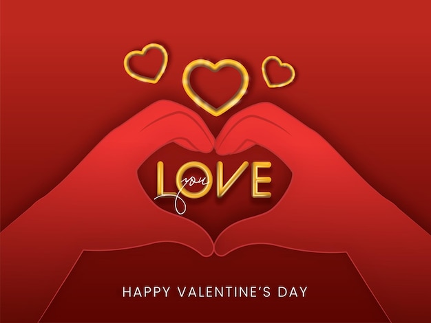 Hands Making Heart Shape With LOVE YOU Text 3D Golden Hearts On Red Background For Happy Valentine's Day Concept