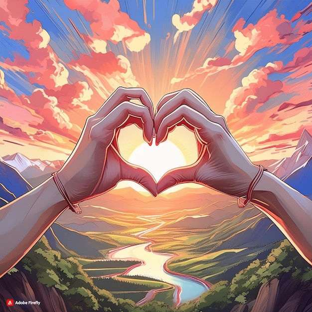 hands making a heart shape with sun and clouds in the background