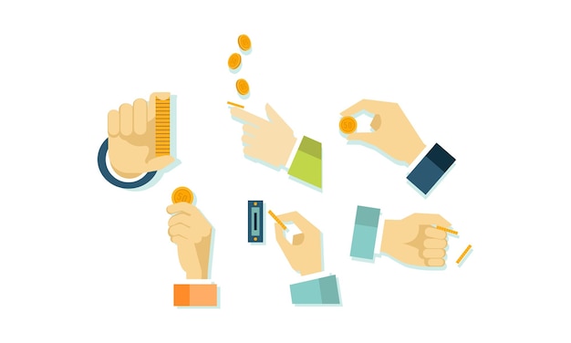 Hands and money coins set businessman hand showing paying and giving coins vector Illustration isolated on a white background