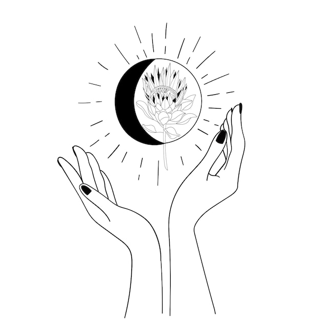 Hands Moon and sun Mystic Boho illustration