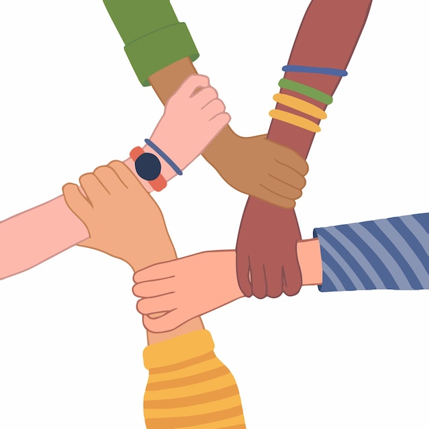 Hands of People with Different Skin Colors Holding Each Other Wrist Flat Vector Illustration